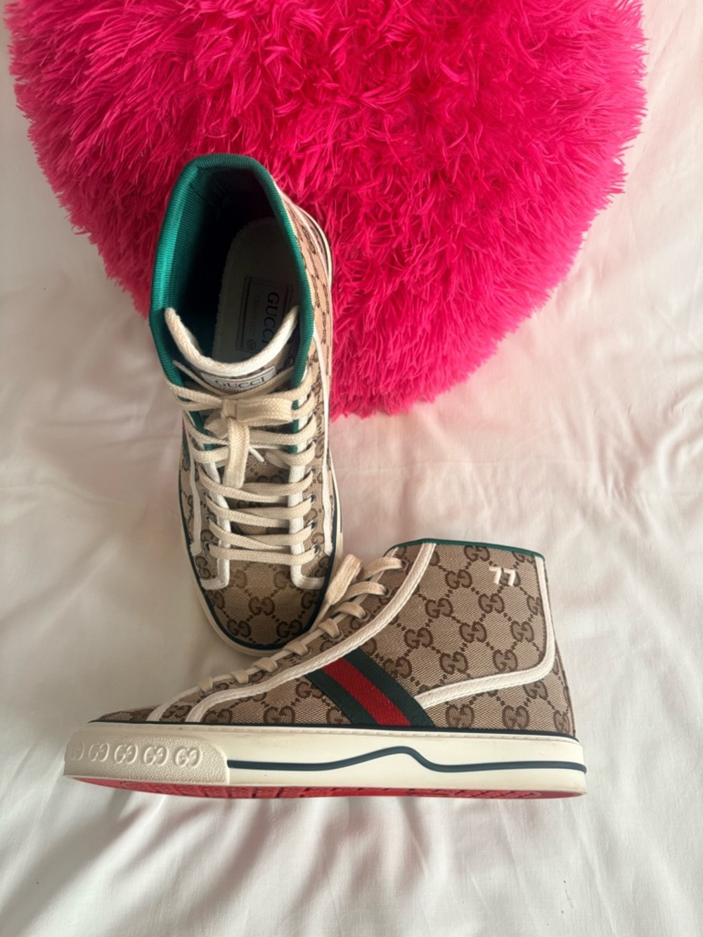 Gucci Women Beige GG Canvas High-Top Sneakers with Green and Red Trim - Picture 7 of 10